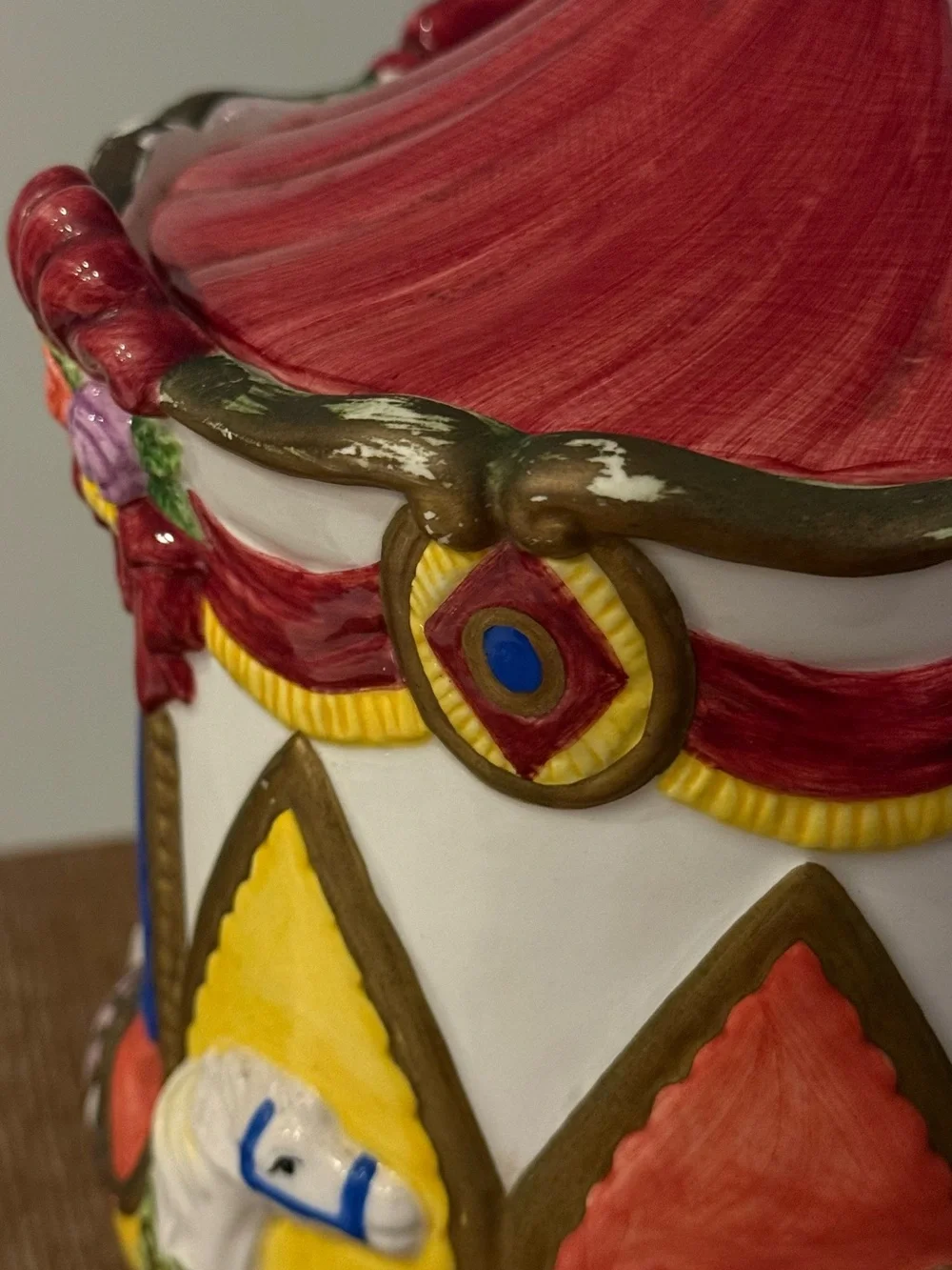 Vintage 1980s Carousel Cookie Jar Ceramic Circus Canister Colorful Kitchen Decor